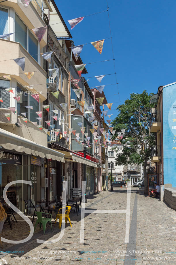 KAPANA, PLOVDIV, BULGARIA - JULY 5, 2018:  Street and houses in district Kapana, city of Plovdiv, Bulgaria