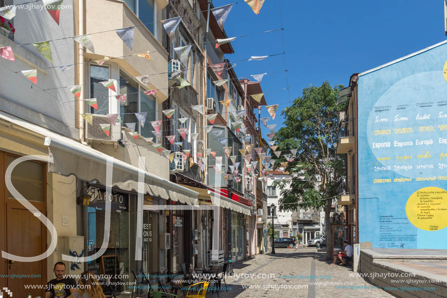 KAPANA, PLOVDIV, BULGARIA - JULY 5, 2018:  Street and houses in district Kapana, city of Plovdiv, Bulgaria