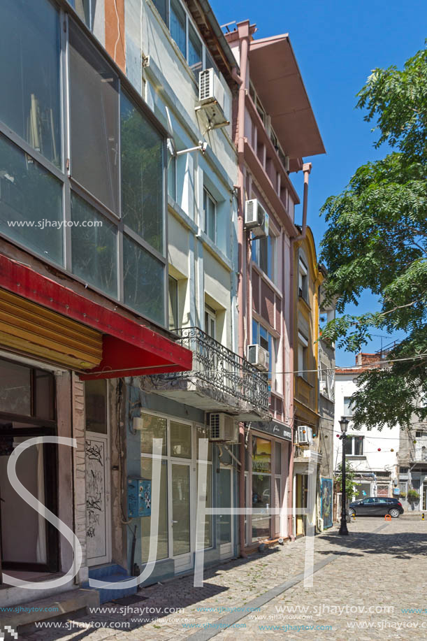 KAPANA, PLOVDIV, BULGARIA - JULY 5, 2018:  Street and houses in district Kapana, city of Plovdiv, Bulgaria