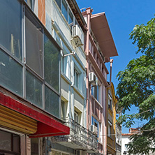 KAPANA, PLOVDIV, BULGARIA - JULY 5, 2018:  Street and houses in district Kapana, city of Plovdiv, Bulgaria