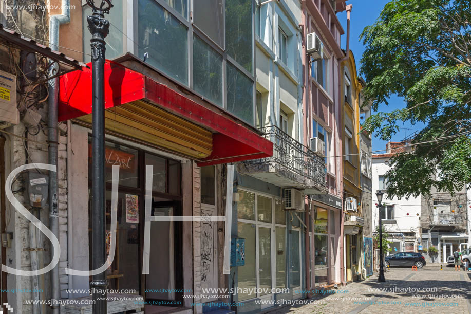 KAPANA, PLOVDIV, BULGARIA - JULY 5, 2018:  Street and houses in district Kapana, city of Plovdiv, Bulgaria