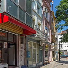 KAPANA, PLOVDIV, BULGARIA - JULY 5, 2018:  Street and houses in district Kapana, city of Plovdiv, Bulgaria