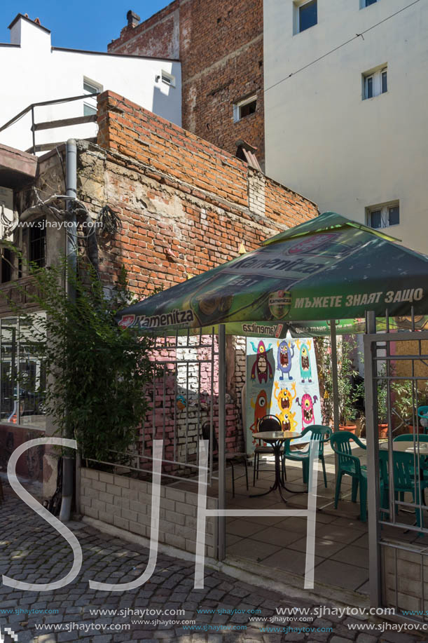 KAPANA, PLOVDIV, BULGARIA - JULY 5, 2018:  Street and houses in district Kapana, city of Plovdiv, Bulgaria