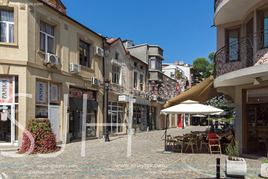 KAPANA, PLOVDIV, BULGARIA - JULY 5, 2018:  Street and houses in district Kapana, city of Plovdiv, Bulgaria