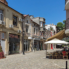 KAPANA, PLOVDIV, BULGARIA - JULY 5, 2018:  Street and houses in district Kapana, city of Plovdiv, Bulgaria