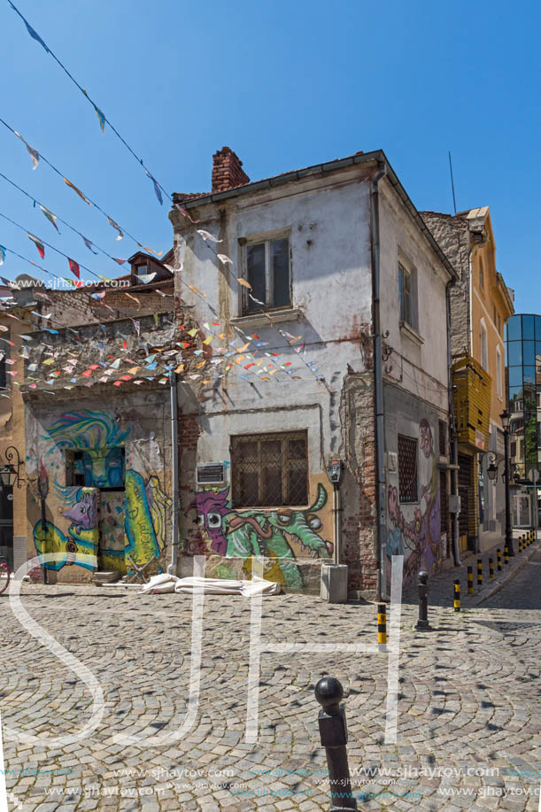 KAPANA, PLOVDIV, BULGARIA - JULY 5, 2018:  Street and houses in district Kapana, city of Plovdiv, Bulgaria