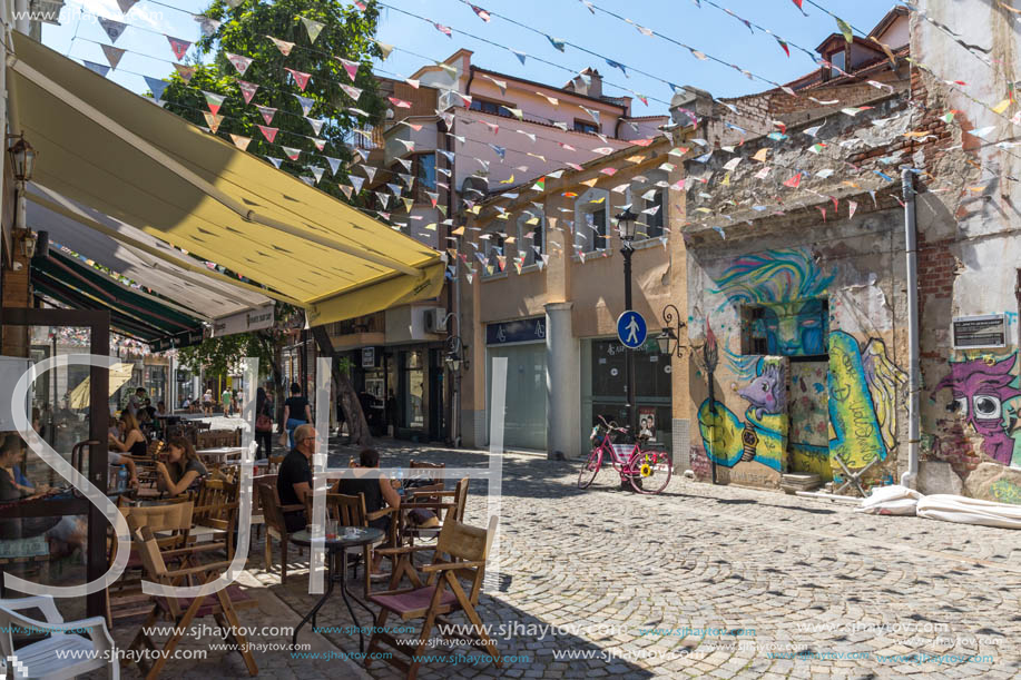 KAPANA, PLOVDIV, BULGARIA - JULY 5, 2018:  Street and houses in district Kapana, city of Plovdiv, Bulgaria