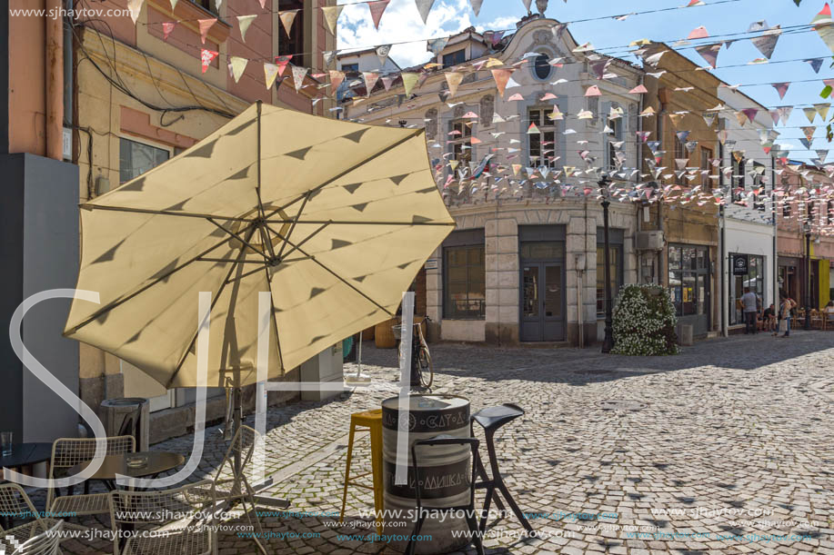 KAPANA, PLOVDIV, BULGARIA - JULY 5, 2018:  Street and houses in district Kapana, city of Plovdiv, Bulgaria