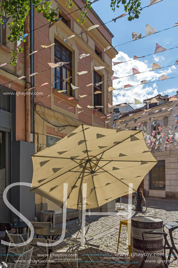 KAPANA, PLOVDIV, BULGARIA - JULY 5, 2018:  Street and houses in district Kapana, city of Plovdiv, Bulgaria