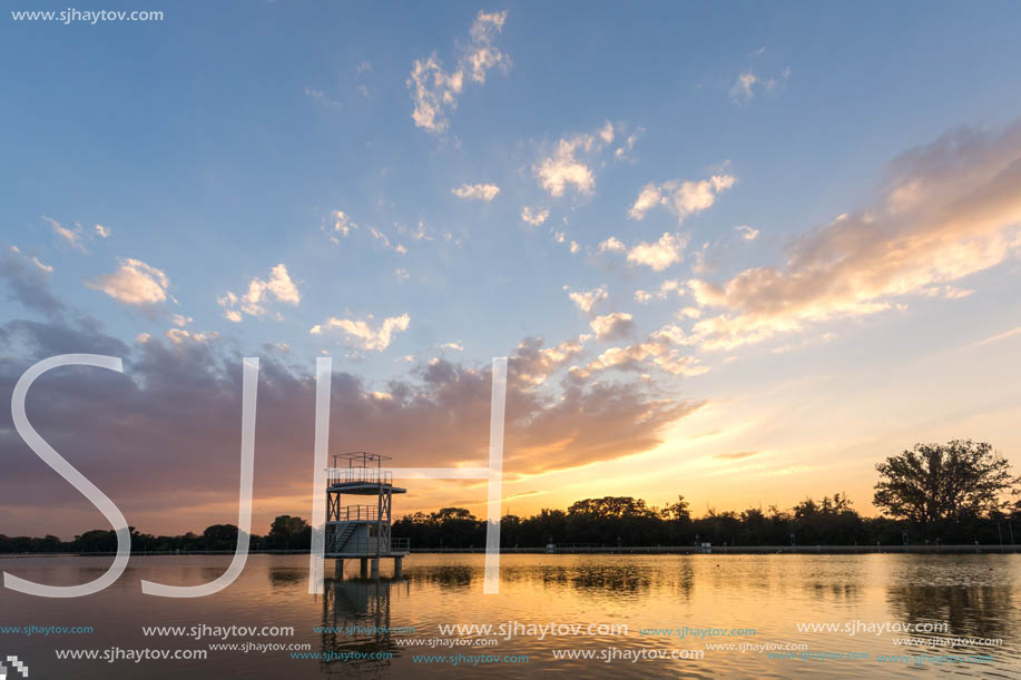 Amazing sunset view of Rowing Venue in city of Plovdiv, Bulgaria