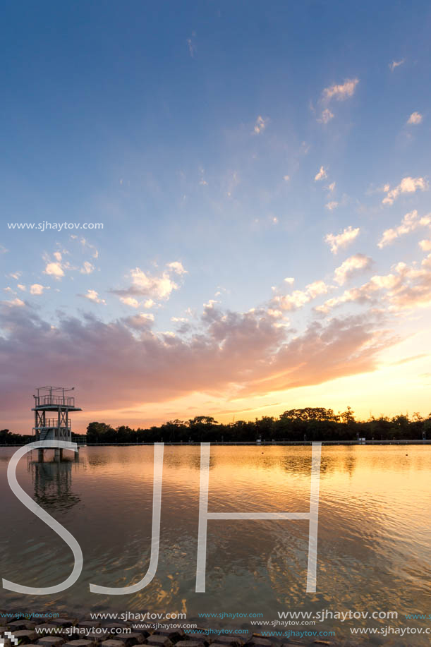 Amazing sunset view of Rowing Venue in city of Plovdiv, Bulgaria